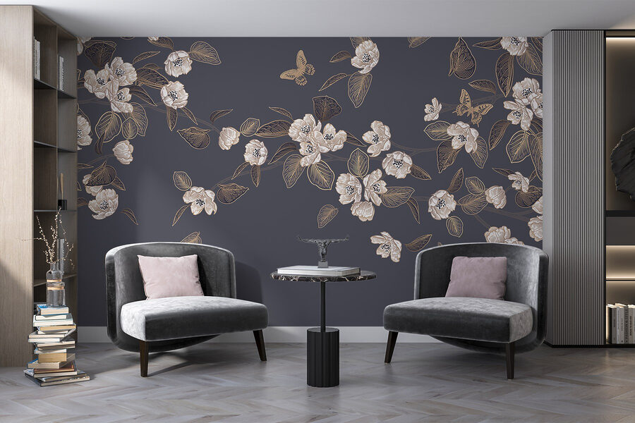 Flores y hojas blancas sobre fondo gris