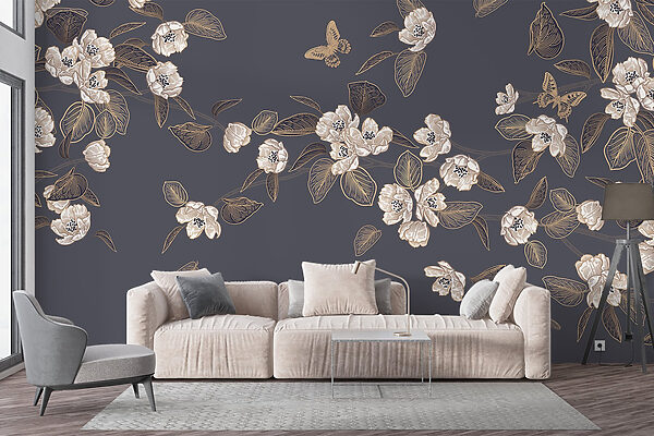 Flores y hojas blancas sobre fondo gris Flores y hojas blancas sobre fondo gris
