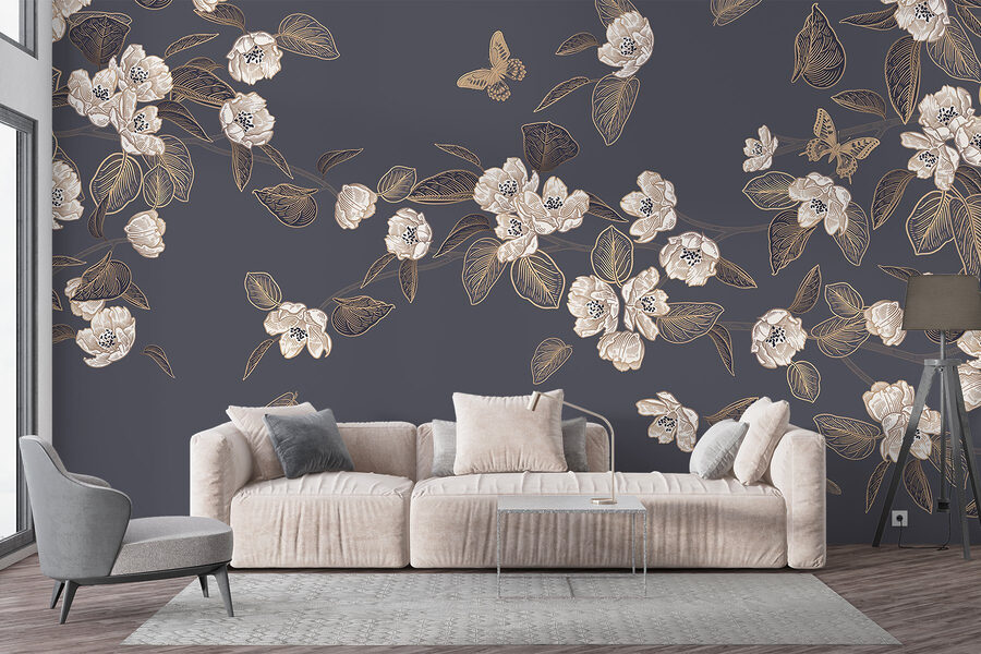 Flores y hojas blancas sobre fondo gris