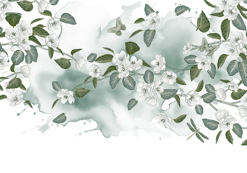 Flores blancas y hojas verdes sobre fondo blanco Flores blancas y hojas verdes sobre fondo blanco