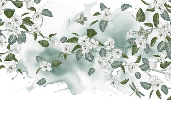 Flores blancas y hojas verdes sobre fondo blanco Flores blancas y hojas verdes sobre fondo blanco