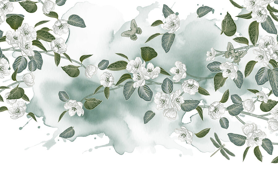 Flores blancas y hojas verdes sobre fondo blanco