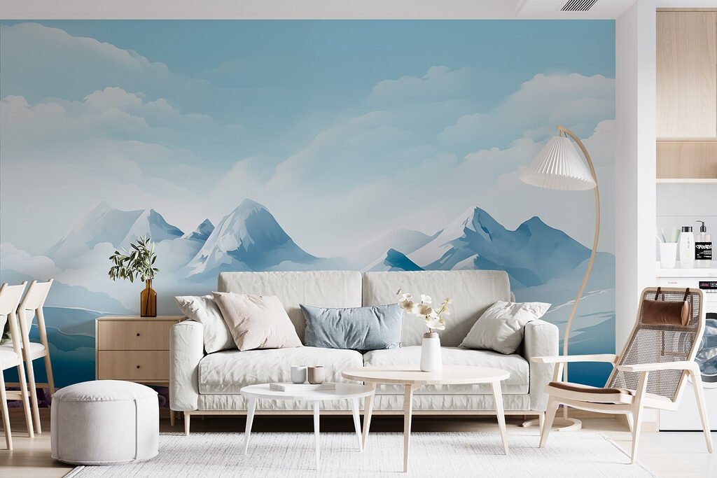 Snowy mountain range with clouds