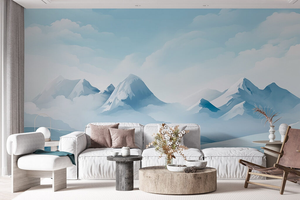 Snowy mountain range with clouds