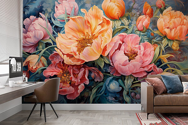 Painting of flowers on a blue background Painting of flowers on a blue background