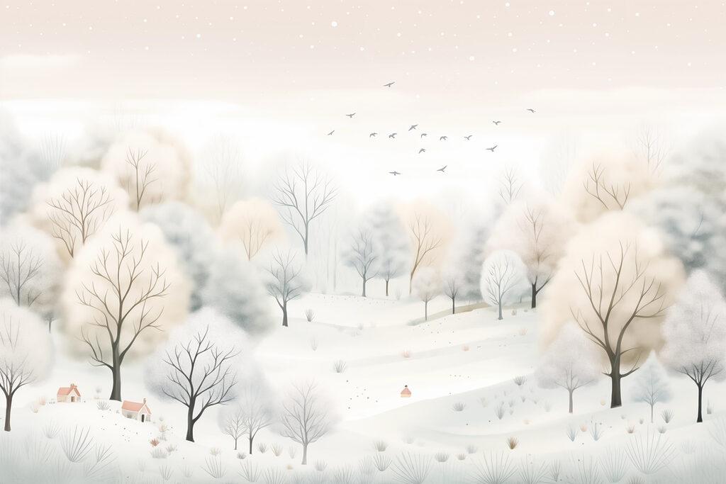 Paisaje nevado con árboles y pájaros Paisaje nevado con árboles y pájaros