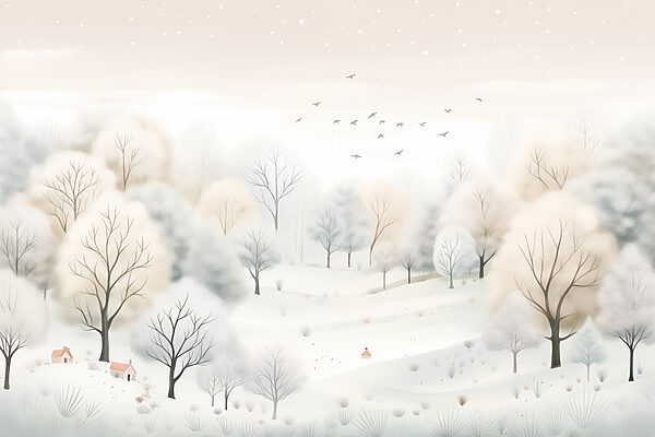 Paisaje nevado con árboles y pájaros Paisaje nevado con árboles y pájaros