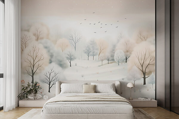 Paisaje nevado con árboles y pájaros Paisaje nevado con árboles y pájaros