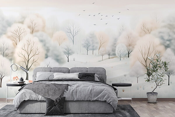 Paisaje nevado con árboles y pájaros Paisaje nevado con árboles y pájaros