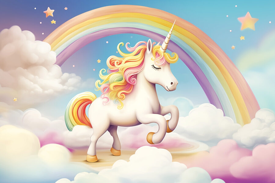 Unicornio con arco iris y nubes