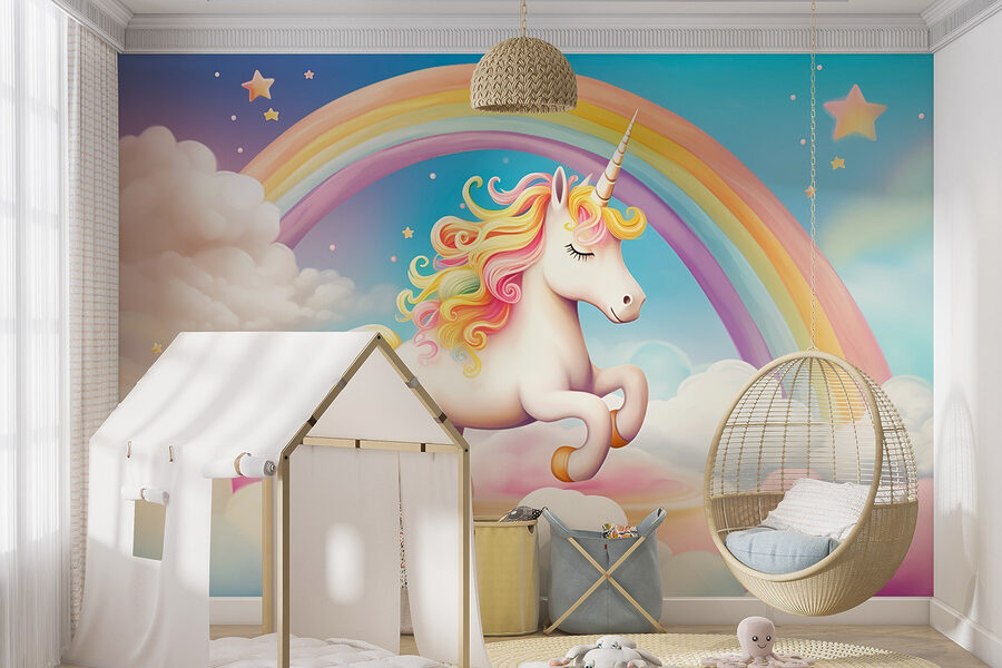 Unicornio con arco iris y nubes