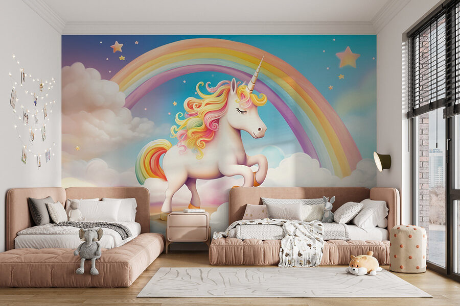 Unicornio con arco iris y nubes