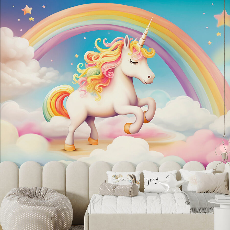 Unicornio con arco iris y nubes