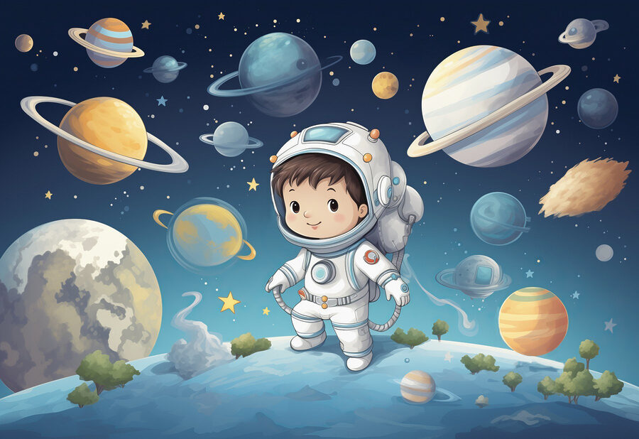 Dibujo animado de un niño con traje espacial