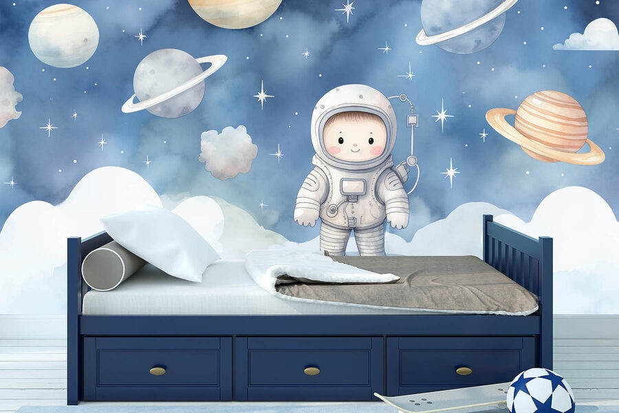 Dibujo animado de un niño en el espacio