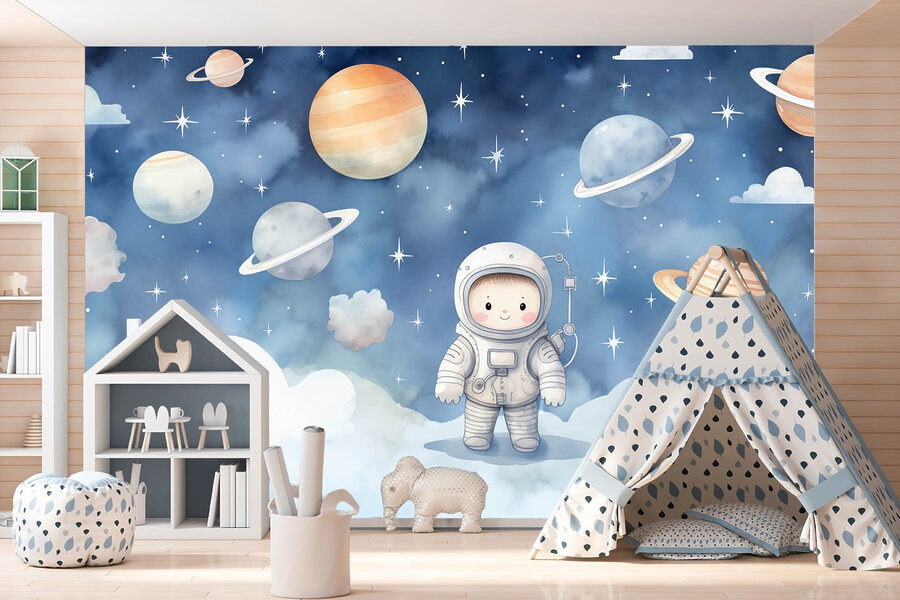 Dibujo animado de un niño en el espacio