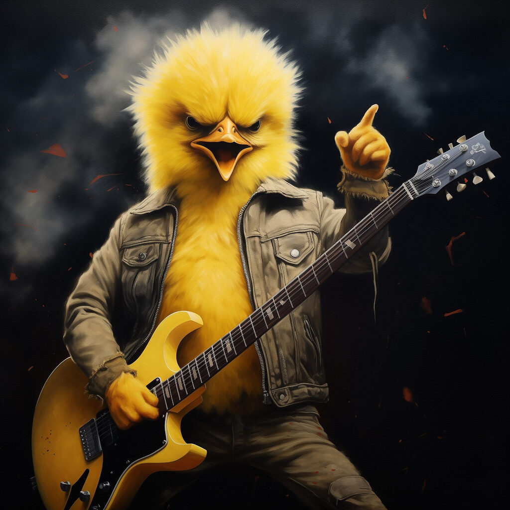 Person in a chicken garment playing a guitar