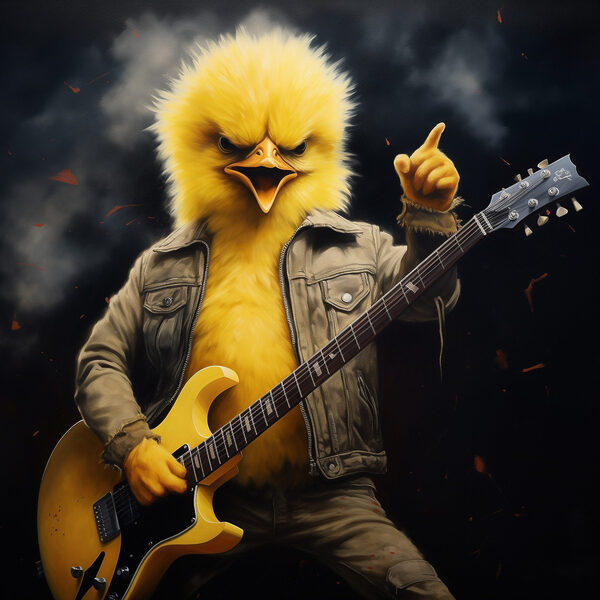 Person in a chicken garment playing a guitar