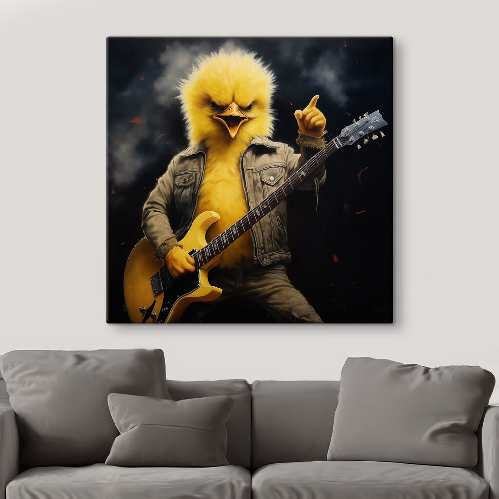 Person in a chicken garment playing a guitar
