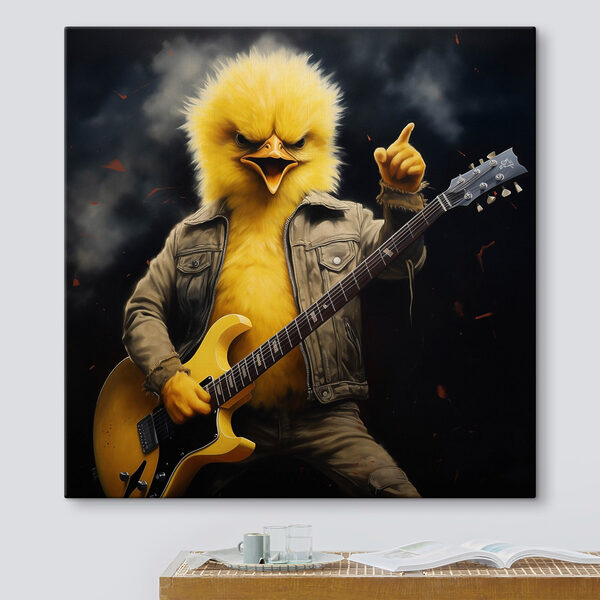Person in a chicken garment playing a guitar