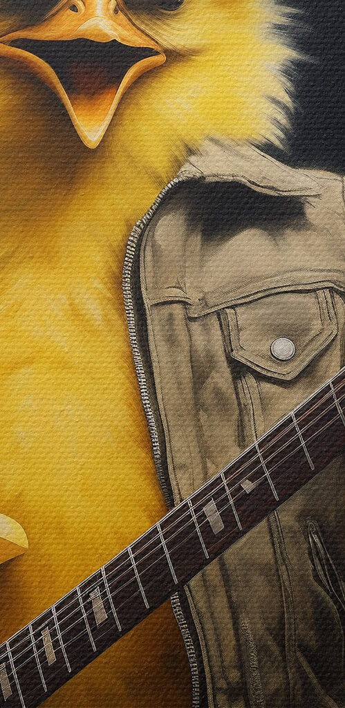 Person in a chicken garment playing a guitar