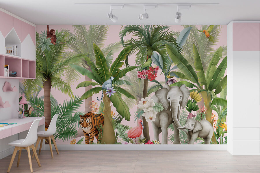 Papel pintado con animales y árboles