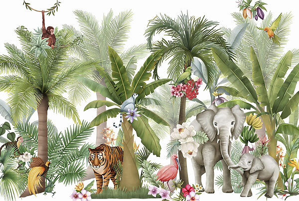 Papel pintado con animales y pájaros en la selva Papel pintado con animales y pájaros en la selva