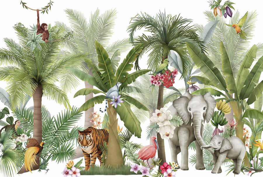 Papel pintado con animales y pájaros en la selva Papel pintado con animales y pájaros en la selva