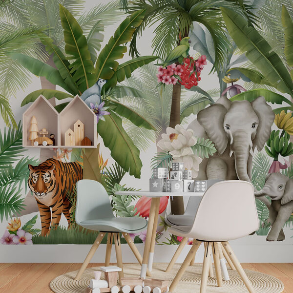 Papel pintado con animales y pájaros en la selva Papel pintado con animales y pájaros en la selva