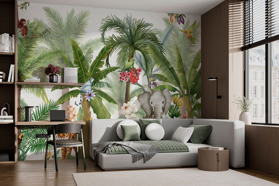 Papel pintado con animales y pájaros en la selva Papel pintado con animales y pájaros en la selva