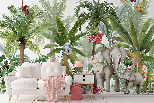 Papel pintado con animales y pájaros en la selva Papel pintado con animales y pájaros en la selva