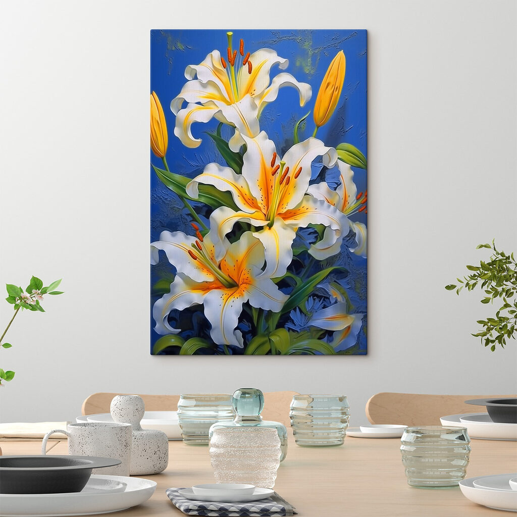Vibrant lilies against a blue background
