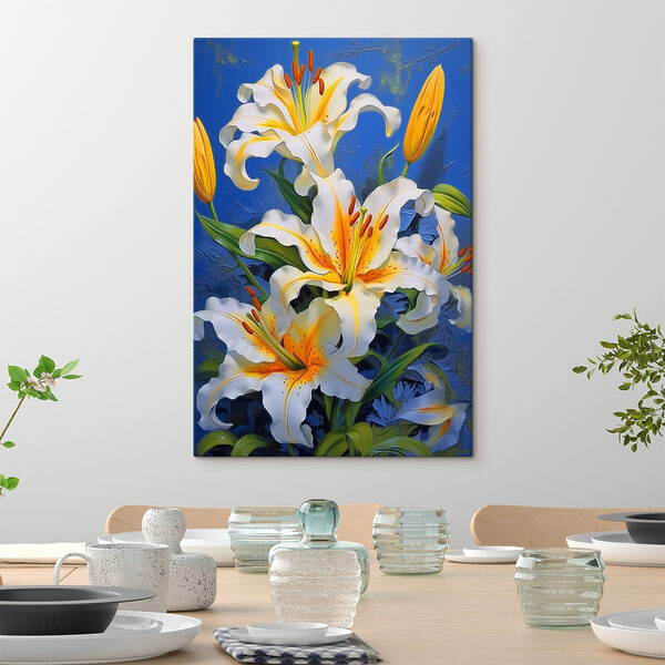 Vibrant lilies against a blue background