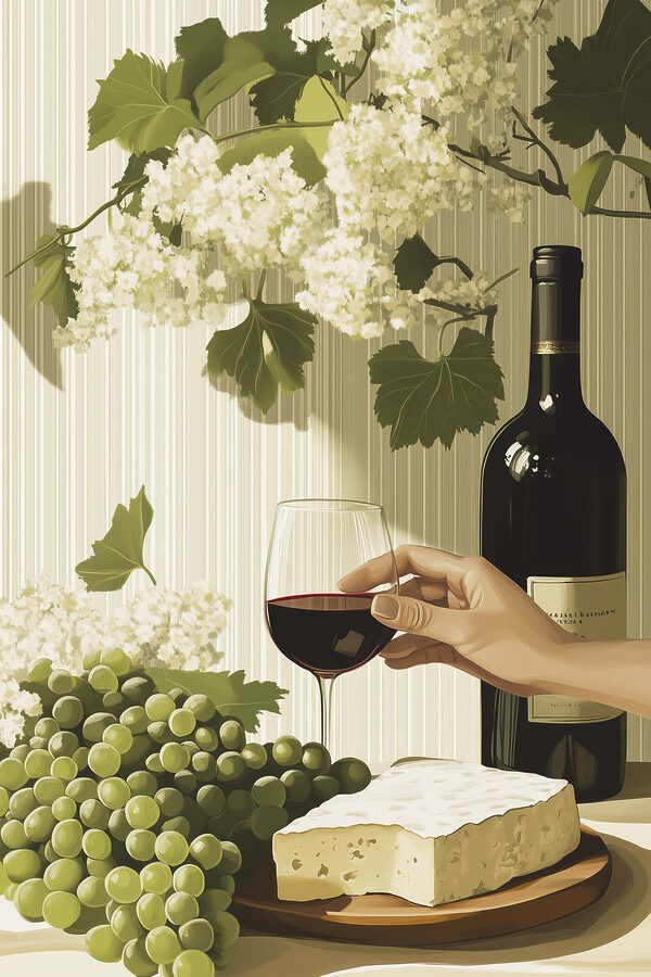Hand holding a glass of wine next to a bottle of wine