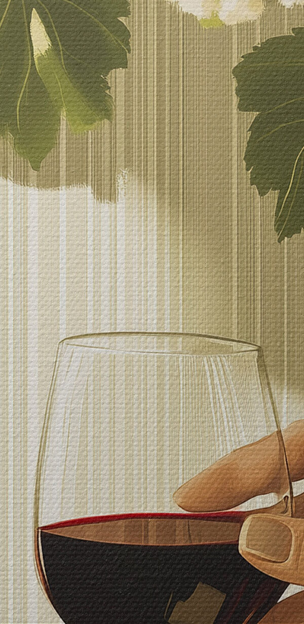Hand holding a glass of wine next to a bottle of wine