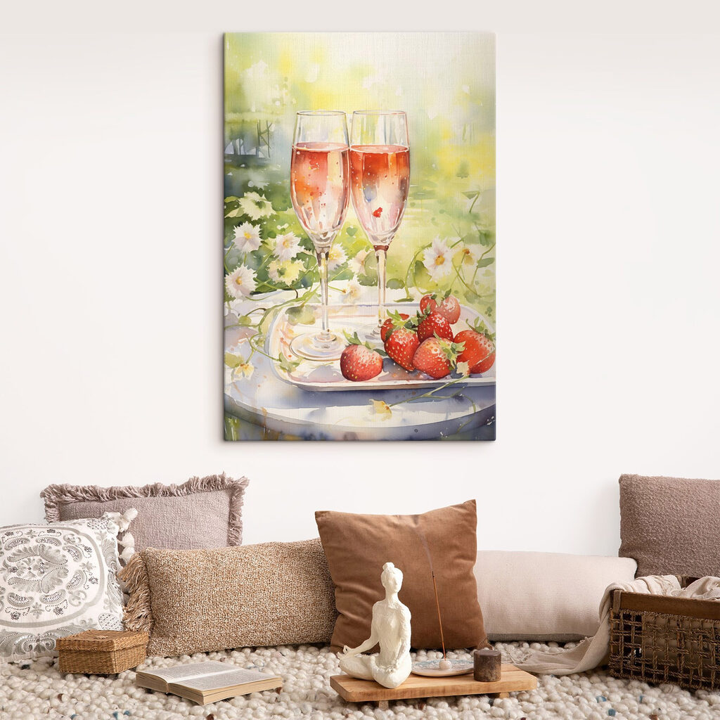 Watercolor painting of two glasses of champagne and strawberries on a tray