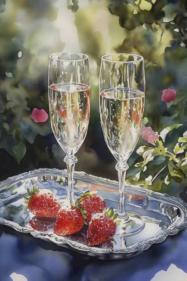 Two glasses of champagne and strawberries on a tray Two glasses of champagne and strawberries on a tray