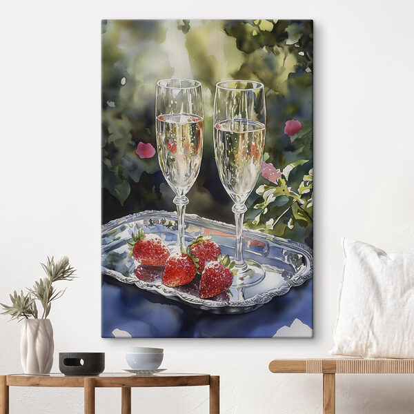 Two glasses of champagne and strawberries on a tray Two glasses of champagne and strawberries on a tray