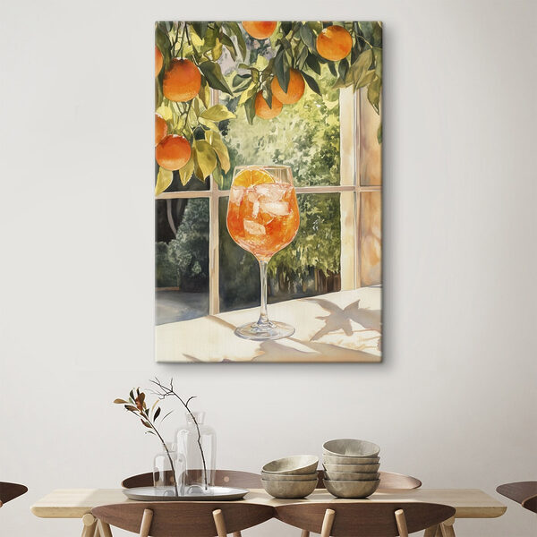 Cuadros Un vaso de zumo de naranja con hielo y naranjas visto desde una ventana (SKU: s43060) Cuadros Cuadros Un vaso de zumo de naranja con hielo y naranjas visto desde una ventana (SKU: s43060)