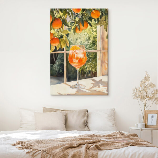 Glass of orange juice with ice and oranges from a window