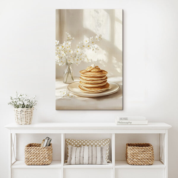 Cuadros Una pila de tortitas en un plato junto a un jarrón con flores (SKU: s43063) Cuadros Cuadros Una pila de tortitas en un plato junto a un jarrón con flores (SKU: s43063)