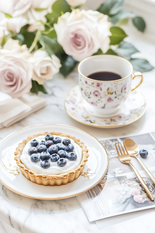 Dessert on a plate with a cup of coffee and flowers