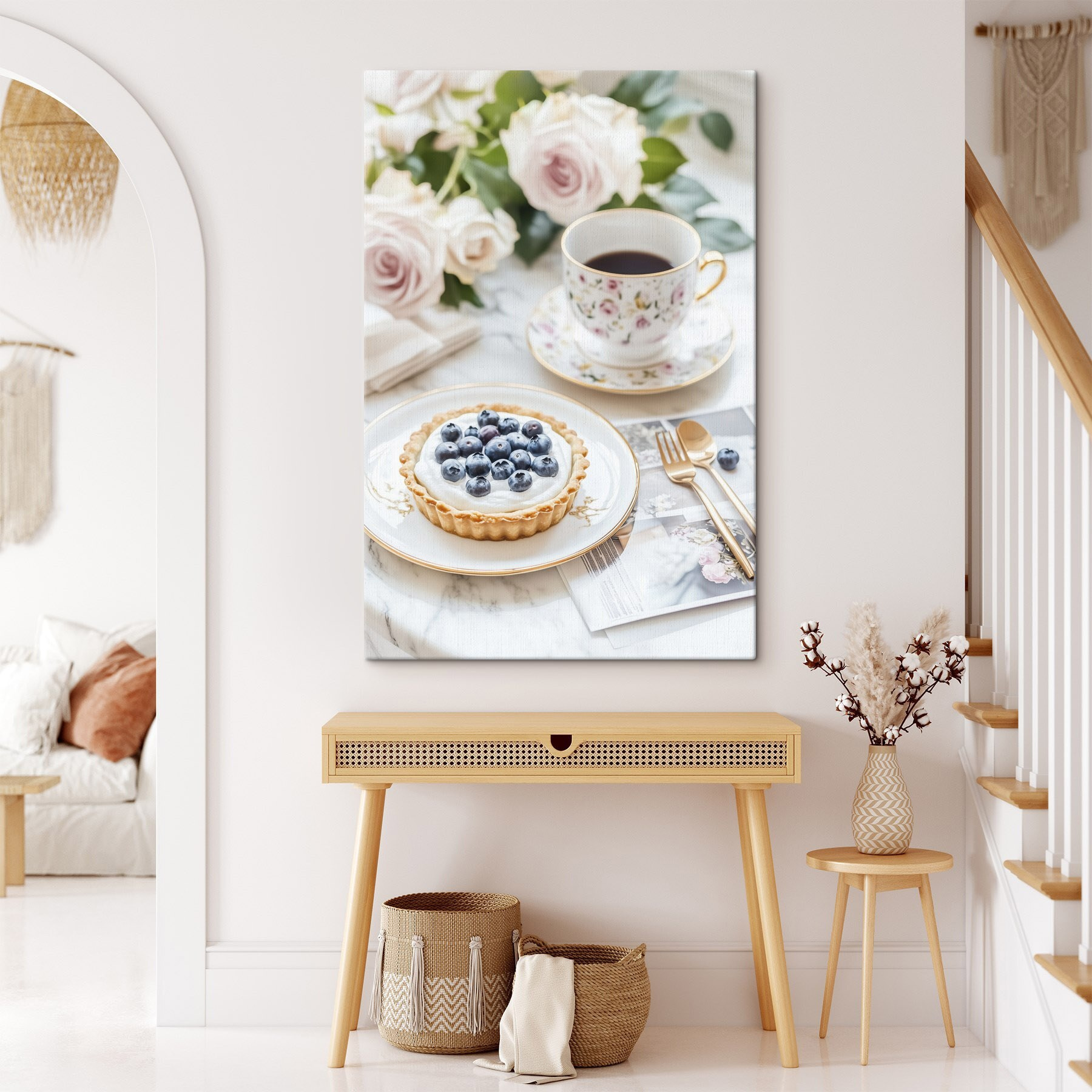 Dessert on a plate with a cup of coffee and flowers