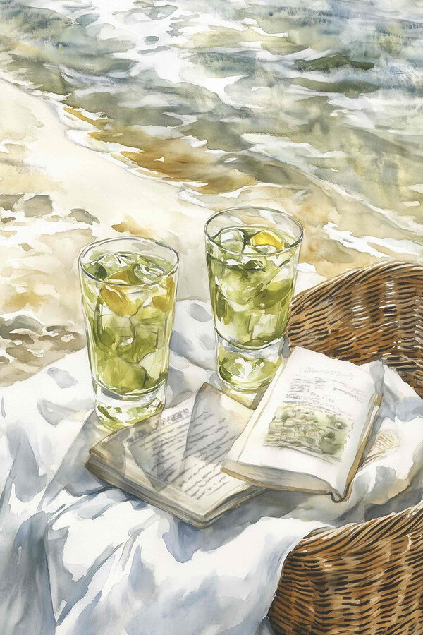 Watercolor painting of two glasses of ice tea and a book on a blanket on a beach Watercolor painting of two glasses of ice tea and a book on a blanket on a beach