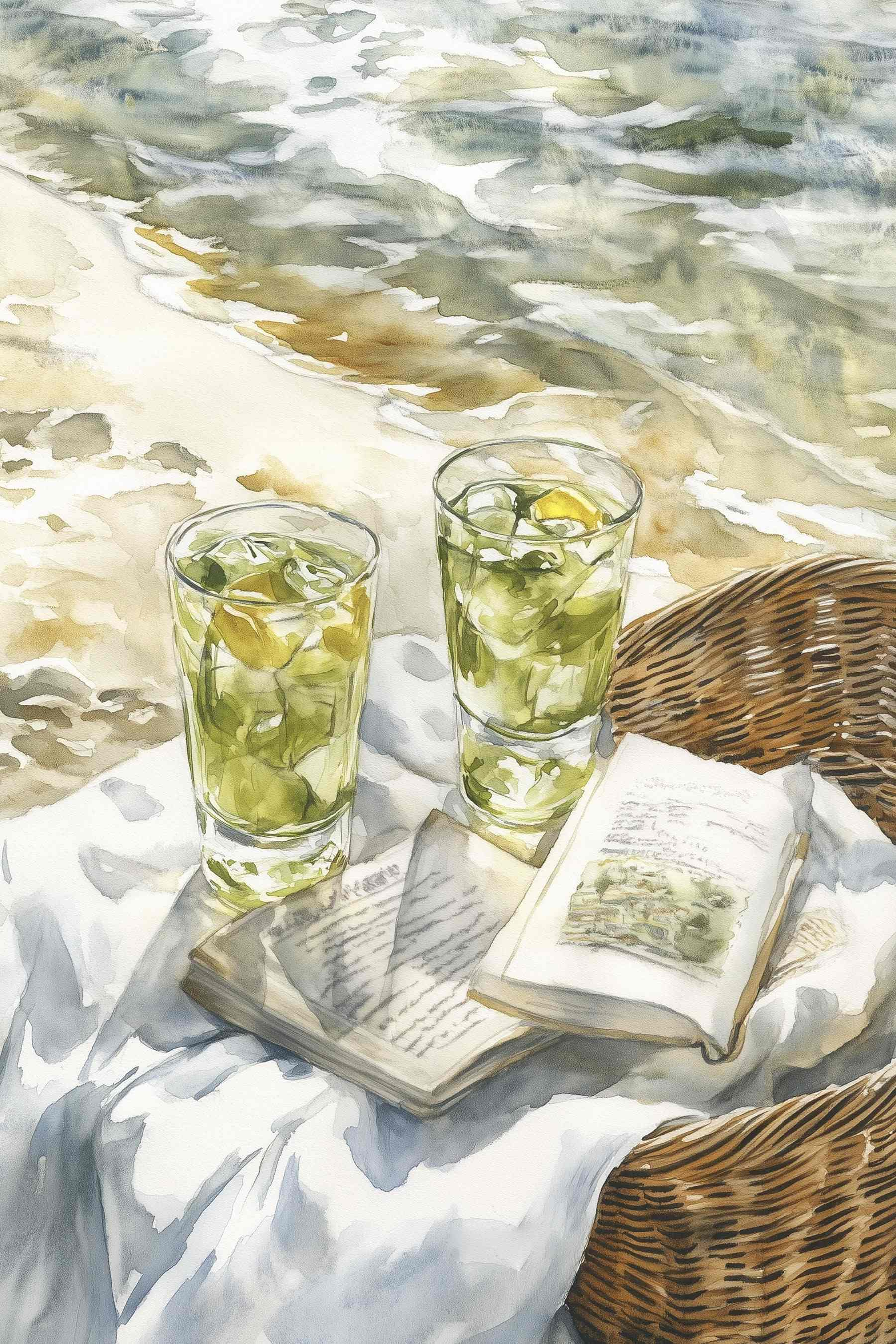 Watercolor painting of two glasses of ice tea and a book on a blanket on a beach Watercolor painting of two glasses of ice tea and a book on a blanket on a beach