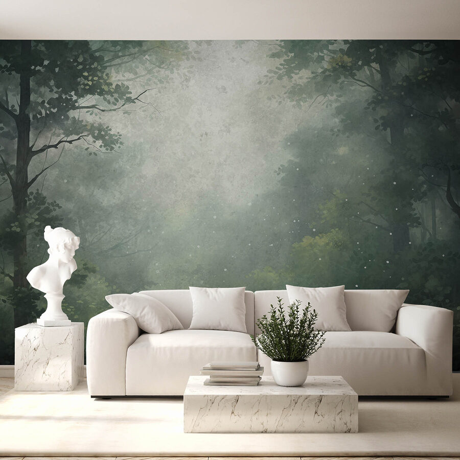 Bosque brumoso con árboles y plantas