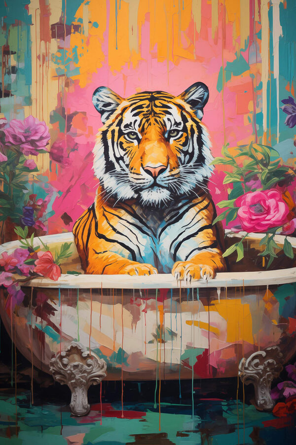 Painting of a tiger in a flowered tub Painting of a tiger in a flowered tub