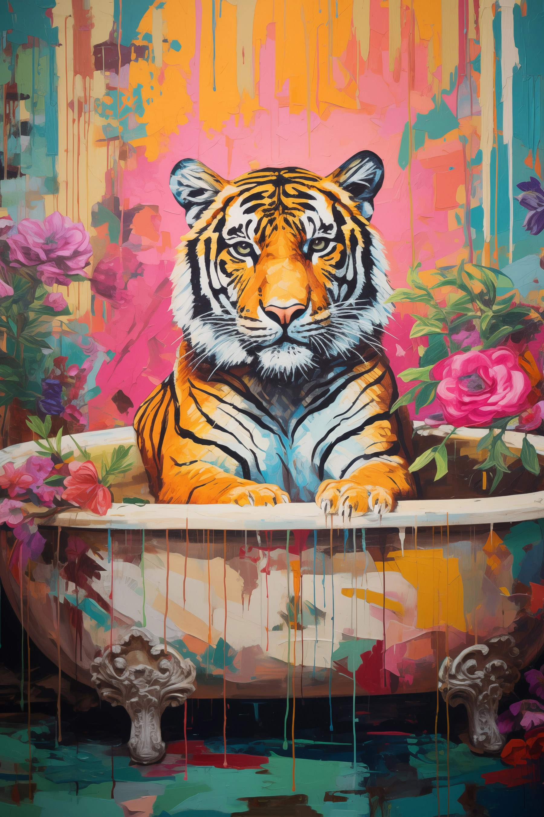 Painting of a tiger in a flowered tub Painting of a tiger in a flowered tub