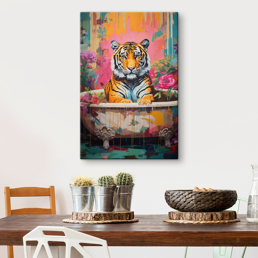 Painting of a tiger in a flowered tub Painting of a tiger in a flowered tub