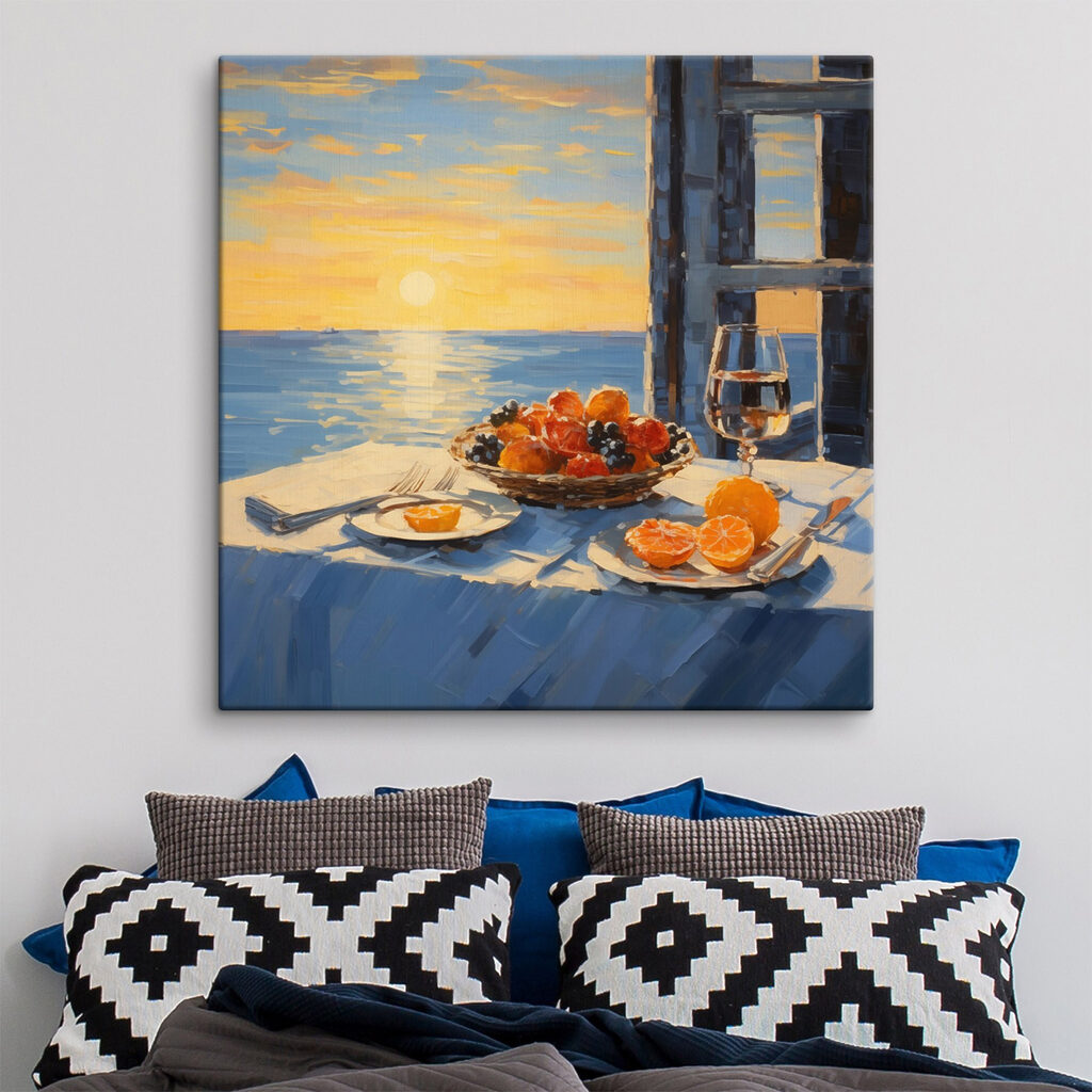 Painting of a basket of fruit on a table with a glass of wine